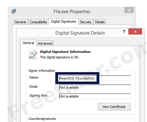 Screenshot of the ReactOS Foundation certificate